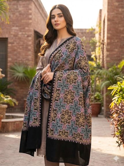 IslamPur Swati Shawl - Black - Yellow and Pink Work